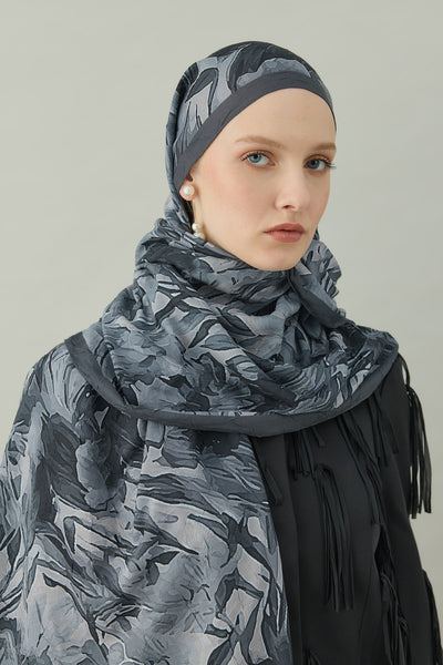 Kraş Opak Flowers Desen Şal Antrasit