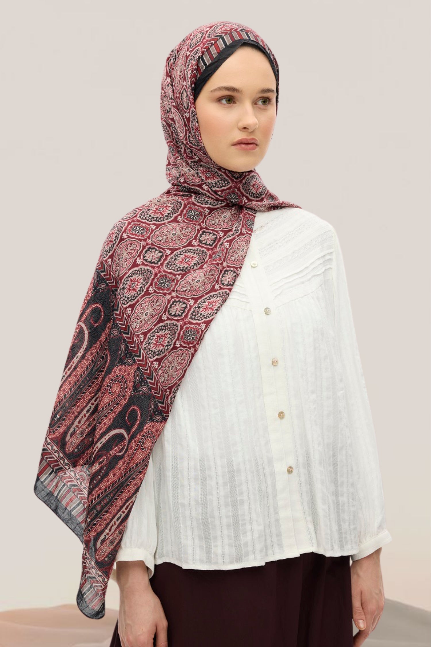 Etnik Desen Bambu Crash Şal Burgundy