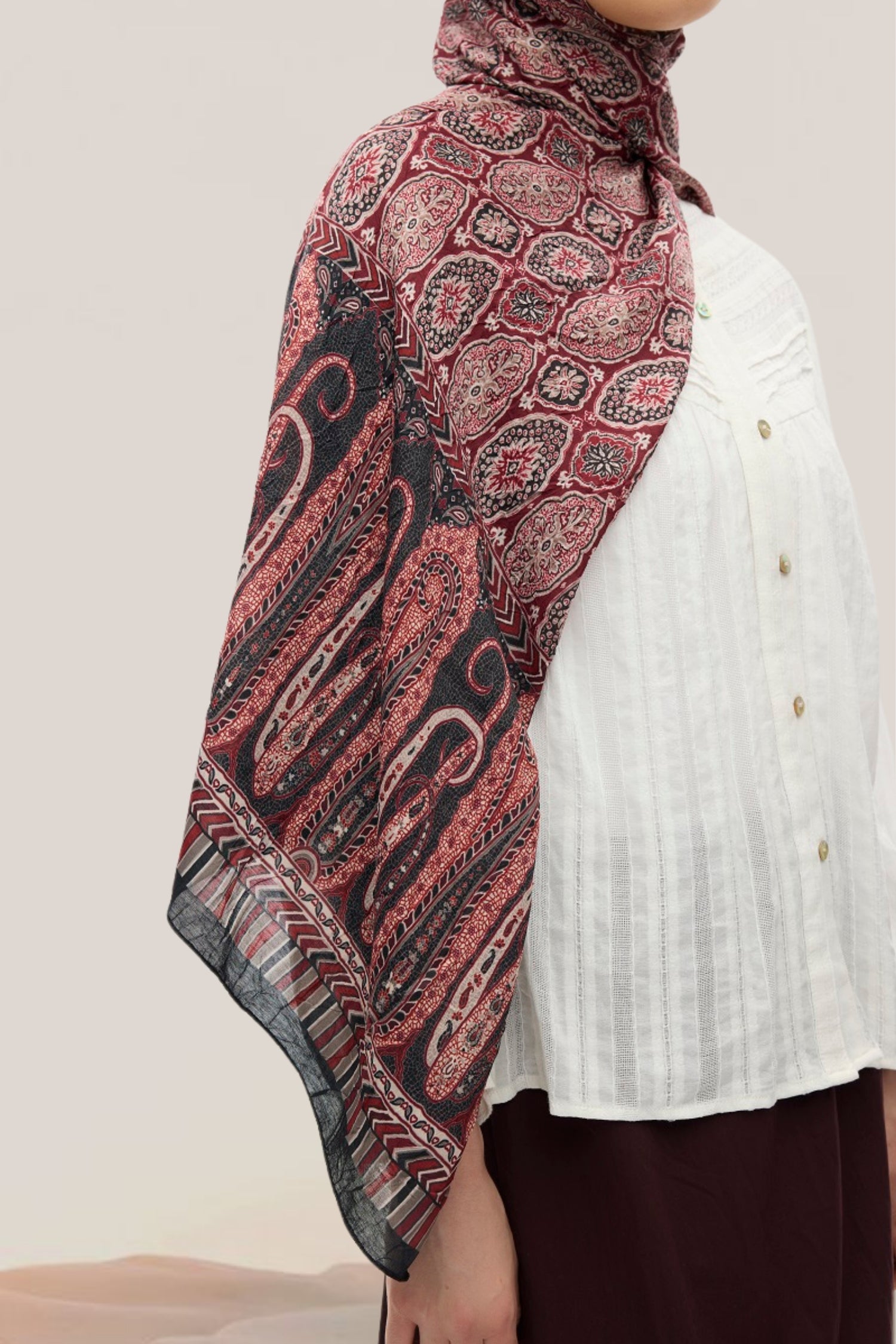 Etnik Desen Bambu Crash Şal Burgundy